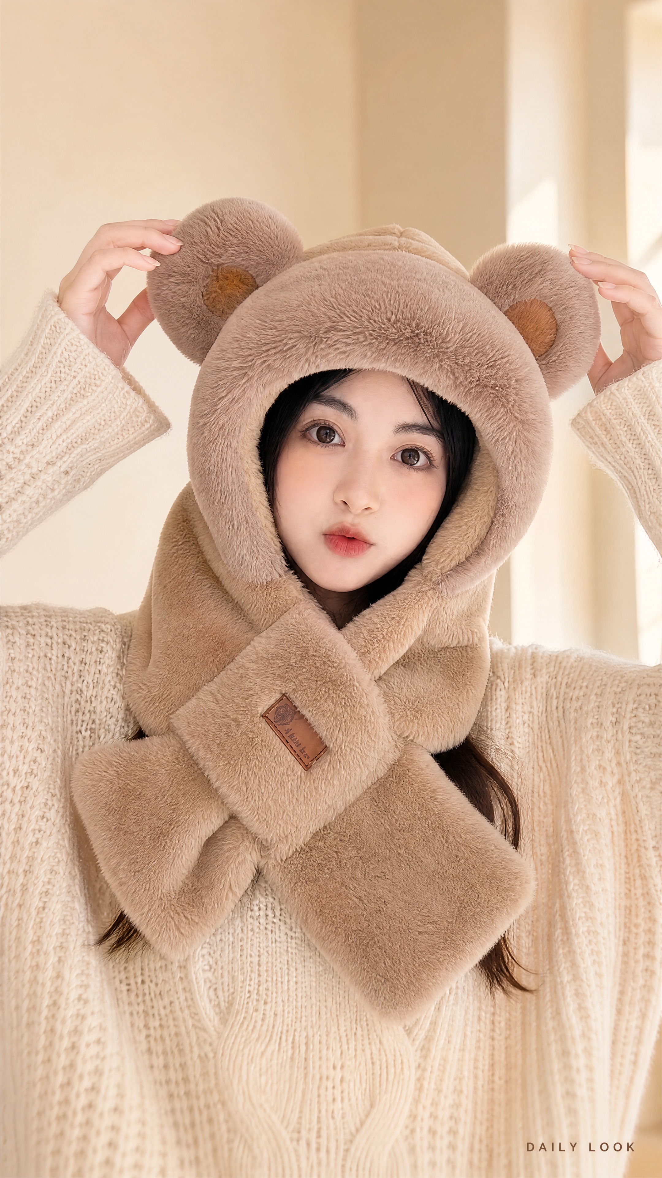 [商品] 使用【图1】卡其棕拼色小熊耳朵帽子围巾一体；保留立体… - 图片创意预览