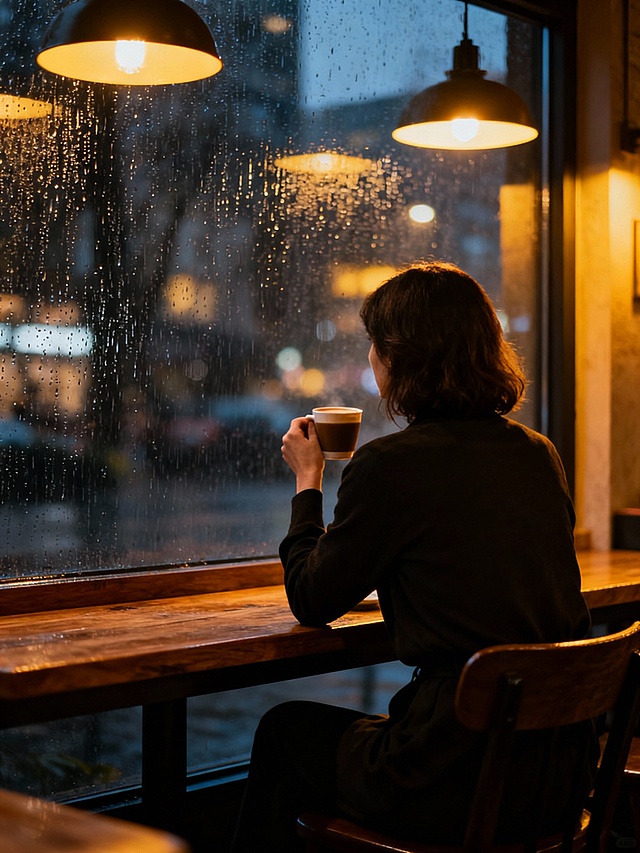 主体：一个女性背影坐在咖啡馆窗边，手拿咖啡杯，看向窗外
背景：模糊的城市夜景或雨天窗户（营造孤独感）
