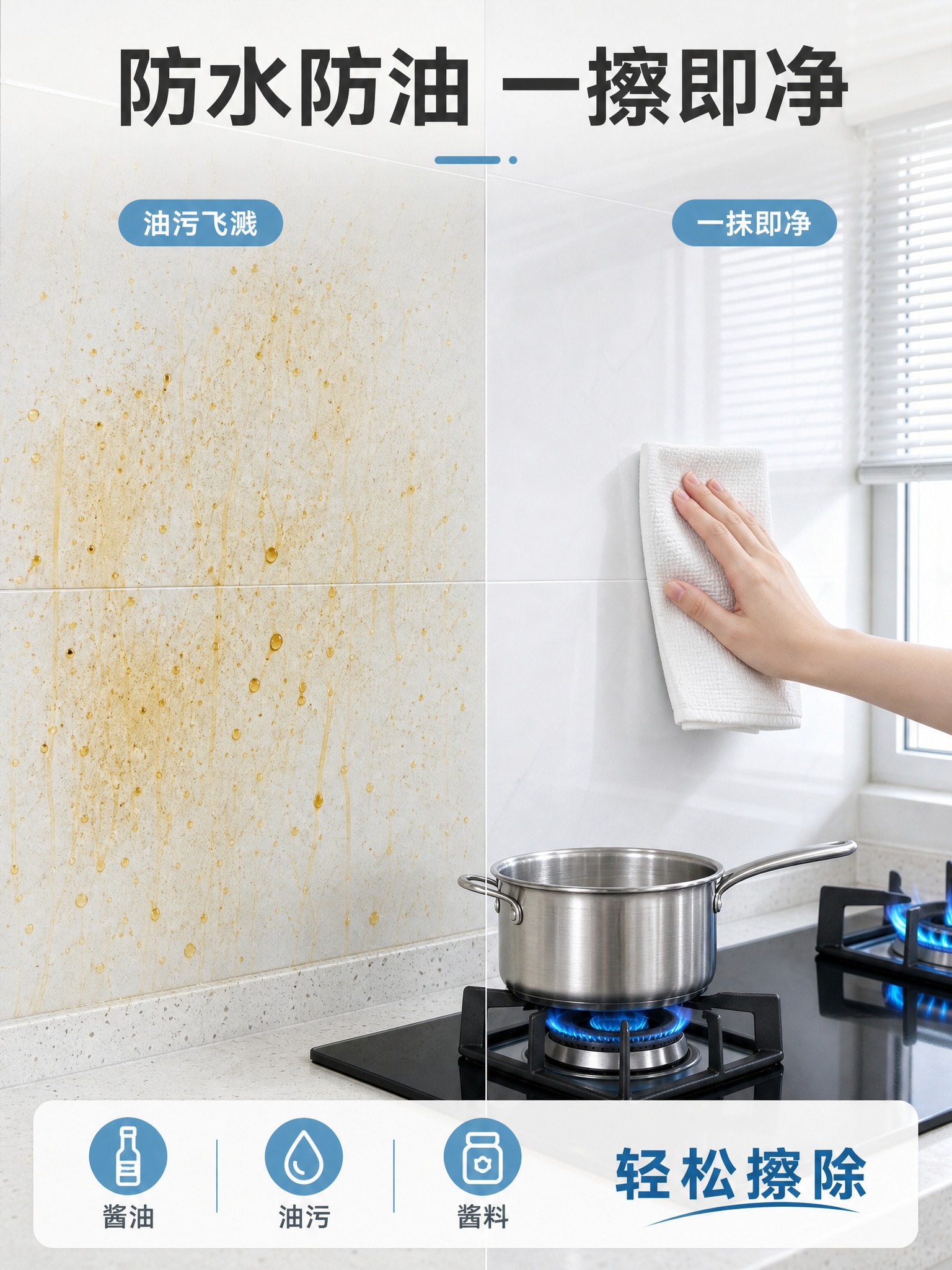 [主图-2] 厨房防油贴膜 核心效果证明 防水防油好擦洗。左右… - 图片创意预览