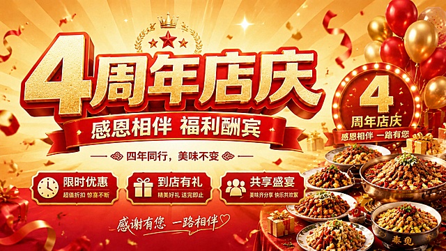基于原图修改，将海报中所有的5周年更改为4周年，保留原海报整体喜庆红金风格、版式布局和全部文案结构，将右下角菜品图片替换为秦凫菜品，保持菜品清晰美观，文字清晰可读，整体氛围不变。主标题"4周年店庆"，副标题"感恩相伴 福利酬宾"，装饰文案"四年同行，美味不变"，卖点标签"限时优惠" "到店有礼" "共享盛宴"