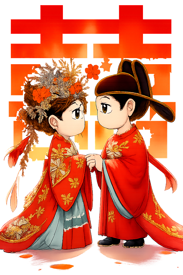 参考图中的Q版中式婚礼风格，重新生成一对可爱的Q版卡通新婚夫妇，身穿大红色中式汉服婚服，新娘头戴精美的凤冠霞帔，新郎头戴乌纱帽，两人面对面牵手对视，面带幸福微笑，背景是巨大的红色双喜字，整体色调喜庆温暖，国潮插画风格，线条流畅，色彩鲜艳饱满，细节精致，高清PNG格式，画面干净整洁