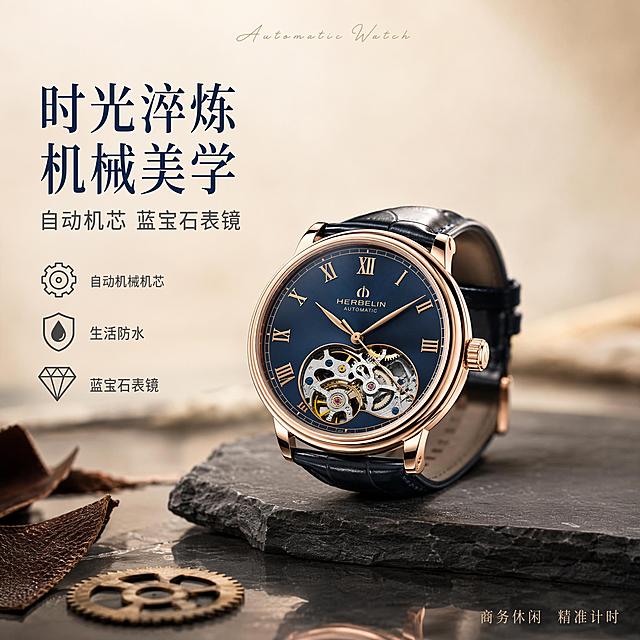 [单张主图] 男士玫瑰金机械手表 高级氛围感主图 首图点击率提升。
[画面主体] 玫瑰金表壳深邃蓝色表盘男士自动机械手表，表盘带罗马数字时标，镂空机芯可见，皮质表带，手表完整不裁切，45度斜侧视角展示表盘与表冠侧面，主体占画面约50%，位于画面中下部偏右。保持手表外观（即物理结构、材质质感、颜色）与产品图绝对一致，杜绝任何变形和色差，精细化处理金属边缘、表镜通透度、皮质纹理。
[构图版式] 中轴诗意氛围型。顶部居中留白放品牌感文字，产品居中偏下，底部用真实承托物衬托，左侧留自然负空间放主标题与短卖点，整体浅色留白、高级静物摄影感。
[场景元素] 背景为奶油米色渐变柔光背景，干净通透无杂物。手表放置在深灰色哑光岩板台面上，台面有轻微倒影。左侧前景散落几片深棕色皮革边角料与一枚复古铜色小齿轮作装饰，呼应机械与材质主题。背景虚化处理，前中后景分层清晰，景深中等。
[文案版式] 顶部居中放小号英文装饰词"Automatic Watch"，细衬线字体，香槟金色。左上负空间左对齐，主标题两行：第一行"时光淬炼"，第二行"机械美学"，大号宋体风字体，深海军蓝色，字重克制。主标题下方一行副文案"自动机芯 蓝宝石表镜"，中号无衬线字体，深灰色，字号约为主标题的60%，比上一版明显放大。主标题下方纵向排列3个线稿图标配短句，图标和文字整体放大一号，更加醒目清晰：第一个齿轮图标配"自动机械机芯"，第二个盾牌图标配"生活防水"，第三个钻石图标配"蓝宝石表镜"，图标与文字均为深灰色，大小统一，左对齐，图标尺寸明显大于上一版。底部右下角放小字"商务休闲 精准计时"，极细字体，浅金色。所有文字均放在负空间，不遮挡手表主体。
[光影质感] 左上45度柔光箱主光，柔和均匀打亮表盘与表壳上沿，金属表壳有细腻高光带，表镜通透反光自然。右侧加窄条轮廓光，勾勒表壳侧面与表冠轮廓，增强立体感。底部有轻微环境反光，岩板台面有柔和倒影。整体光影柔和通透，暗部有层次，无过曝发白，无廉价HDR效果。
[配色字体] 主色奶油米白（背景）、深海军蓝（主标题）；辅色香槟金（装饰字、英文）、深灰（辅助文案）、玫瑰金（产品）、深灰岩板（台面）。字体以宋体风细衬线为主，英文用手写体装饰，字重克制，靠留白与对齐分层级。
[比例分辨率] 1:1比例，2K分辨率，文字清晰可辨，超高清商业摄影质感。
[负向提示词] 变形，文字错乱，产品图模糊，背景杂乱，水印，电商平台Logo，粗黑描边字，廉价塑料感高光，手表结构错误，表盘数字模糊。