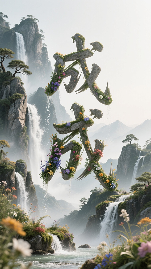 3D国潮风格，由山水瀑布花草组成的“成”字，大面积留白