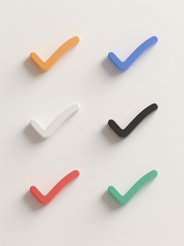 极简风格设计，六个不同配色、不同样式、不同材质的对勾造型图标，以上下两行三列对齐排列于浅色背景之上，每个对勾保持简洁流畅的线条感，整体视觉干净利落，色彩鲜明且风格统一，无多余装饰元素。