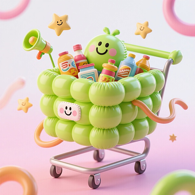 主视觉荧光绿色卡通购物车，车内装满各种商品，环绕喇叭、笑脸、曲线、星星等3d装饰元素，粉白渐变背景