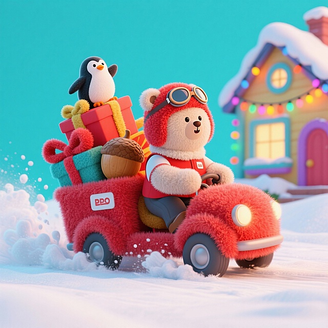 一只圆嘟嘟的小熊快递员，戴着红色飞行员帽和防风镜，正驾驶着一辆装满礼物的红色橡果小车在雪地疾驰（车轮后溅起蓬松的雪浪）。礼物堆得又高又歪，快要掉下来，上面还坐着一只紧紧抓住蝴蝶结的慌张小企鹅。背景是色彩斑斓、挂着彩灯的卡通房屋。