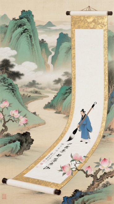 巨型空白卷轴蜿蜒成路，一个蓝袍迷你文人拿着巨大毛笔准备写东西，青绿山水远景，点缀桃子枝，色调以青绿、粉桃、墨色、米黄为主，水墨淡彩，大面积留白预览效果