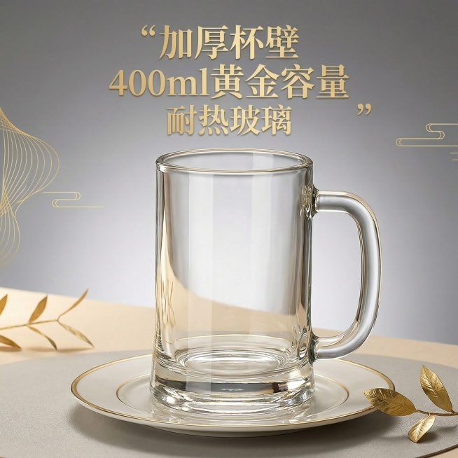 轻奢风格电商主图，主体是这款带把手的耐热玻璃杯，突出加厚杯壁细节，搭配精致的浅金色装饰元素，背景为高级灰渐变，添加醒目的文字“加厚杯壁 400ml黄金容量 耐热玻璃”，整体质感高端，视觉简洁有档次预览效果