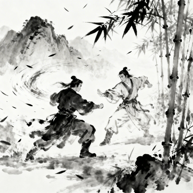古风武侠场景，两位身着古装的大侠在山间竹林中比试武功，招式凌厉，气氛紧张，水墨风格，画面充满江湖气息预览效果