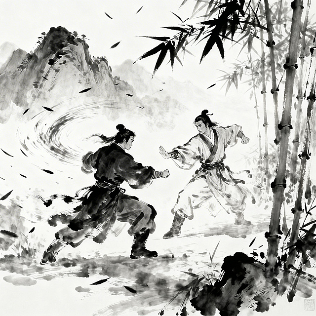 古风武侠场景，两位身着古装的大侠在山间竹林中比试武功，招式凌厉，气氛紧张，水墨风格，画面充满江湖气息