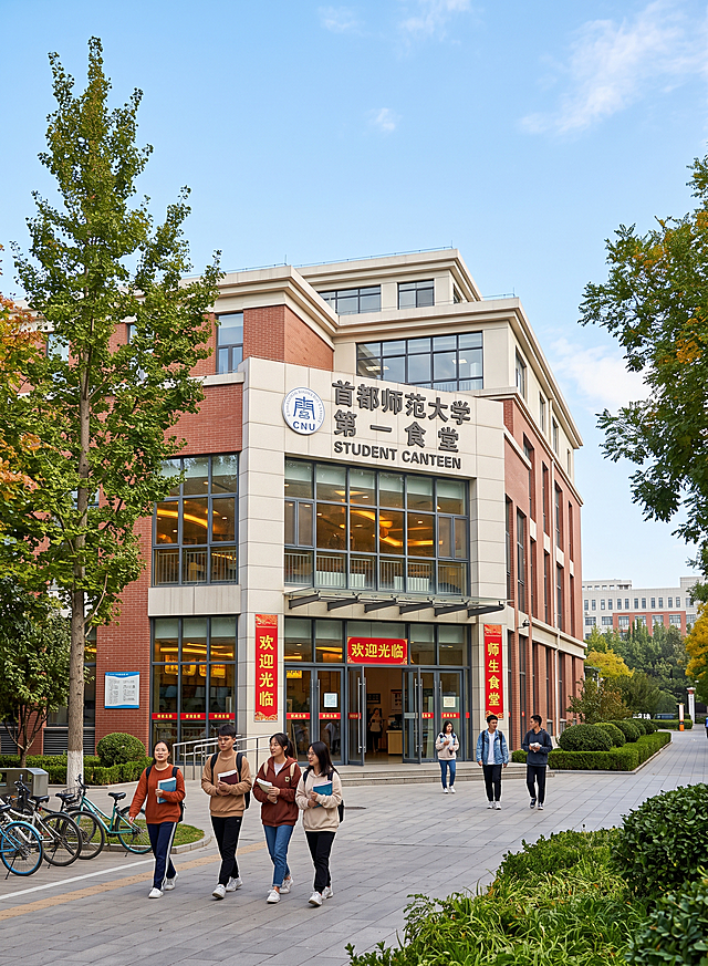 纵向图，尺寸480×650px，首都师范大学校园食堂外观，干净清晰的背景