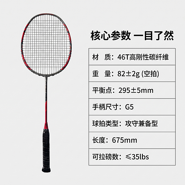 [主图-2] 羽毛球拍核心参数卖点展示。
[氛围风格] 清晰专业高信息密度技术展示
[画质] 商业摄影质感，产品清晰真实，文字锐利
[元素] 左侧展示单支成品碳素羽毛球拍，主体清晰，右侧制作清晰参数表格，展示核心参数：材质、重量、平衡点、手柄尺寸、球拍类型、长度、可拉磅数。保持球拍外观与输入产品图一致，结构细节准确。整体满版排布，信息层级清晰，一图讲清核心参数。
[光影] 均匀布光，参数文字清晰不发虚，球拍主体光影明确，细节可见。
[配色] 浅色背景，深黑文字，球拍原色展示，对比清晰易读
[视角构图] 左产品右参数的二分构图，信息分区明确
[文字版式] 顶部大标题"核心参数 一目了然"，右侧表格参数行列分明，标题加粗，数据清晰，符合阅读习惯
[比例分辨率] 1:1比例，2K分辨率，文字清晰可辨，超高清
[负向提示词] 变形，水印，文字错乱，表格模糊，产品模糊，背景杂乱