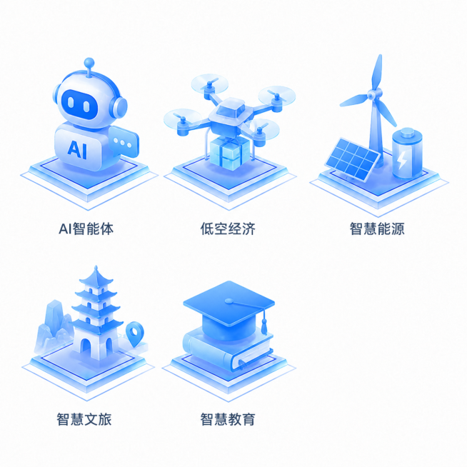 参考原图片的浅蓝色渐变半透明2.5D等距风格，生成五个行业图标：AI智能体、低空经济、智慧能源、智慧文旅、智慧教育，保持整体蓝色科技感，每款图标放在方形底座上，排列为两行三列，白色背景，和原图布局风格预览效果