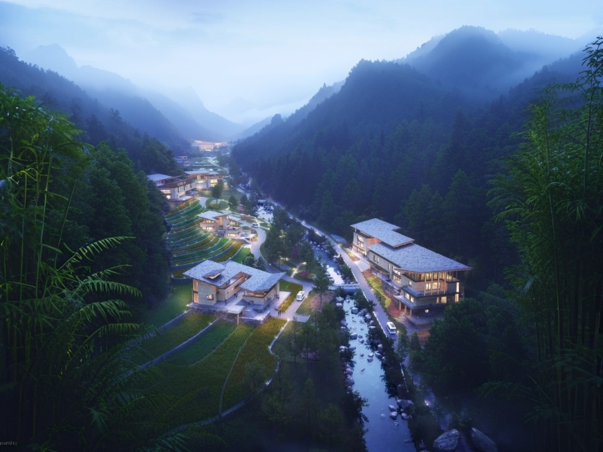 建筑主体不改变，周边植物融入一些竹林元素预览效果