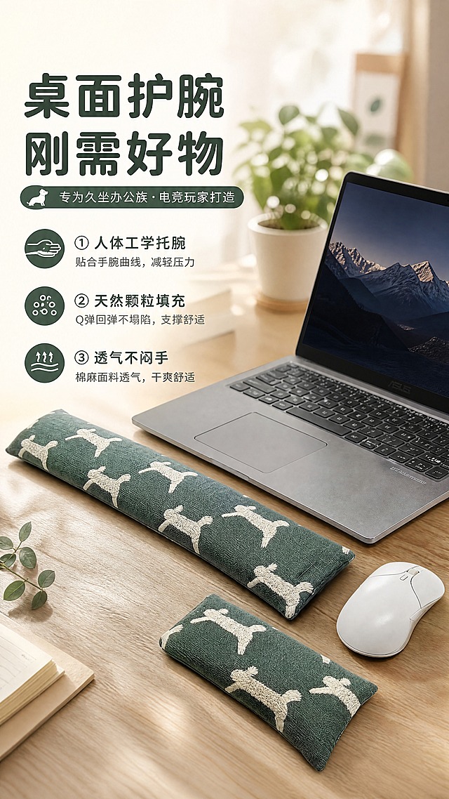 [商品] 使用【图1】墨绿色底米白色小狗刺绣键盘枕+鼠标枕套装；保留长条形键盘枕、短方形鼠标枕的外形结构，保留墨绿色棉麻面料、米白色重工刺绣小狗图案、布艺缝线质感；键盘枕长42cm宽8cm、鼠标枕长15cm宽8cm，比例严格不失真；修复项：自然理顺面料褶皱，增强刺绣纹理立体感与棉麻面料质感，不改变版型、颜色和结构。
[画面] 目标：结果场景型头图，展示产品完整使用场景与核心利益。构图：左文右图，左侧约40%留白放文案，右侧约60%为桌面使用场景。主体：笔记本电脑置于桌面，键盘枕平行放置于键盘前方，鼠标枕放置于鼠标旁，呈现真实办公桌面布局。景别：中景，桌面俯拍45°视角。前中后景：前景桌面纹理，中景产品+笔记本电脑+白色无线鼠标，后景浅景深虚化的温馨办公环境。阅读动线：从左上主标题向下阅读，视线自然落向右下产品。
[视觉] 套系策略：风格=温馨治愈系办公居家商业摄影；标题字=圆润黑体粗体；正文字=简洁无衬线黑体；主色=墨绿（取自产品底色）；背景延展=基于墨绿做深浅层级、同色渐变和细腻纸张/织物质感，搭配米白与浅木色；强调色=米白色（取自刺绣色），仅用于小面积图标、引线、标签和数字高亮；标题色=深墨绿；正文色=中暖灰；组件=圆角浅底信息卡、细线引线、刺绣小狗元素点缀；光影=左前侧暖柔光，柔和自然阴影，桌面有轻微产品投影。
[文字] 主标题：桌面护腕刚需好物；副标题：专为久坐办公族·电竞玩家打造；3个短卖点：①人体工学托腕 ②天然颗粒填充 ③透气不闷手；文字区位于左上，不遮挡产品主体与刺绣图案，所有文字横向排版，字号保证手机端清晰可读。
[规格] 图片比例9:16竖版，4K分辨率，负向提示：避免产品变形、比例失调、刺绣图案错乱、颜色偏色、冷蓝灰背景、文字过小、竖排文字、遮挡产品主体、出现极限词、出现平台Logo水印。