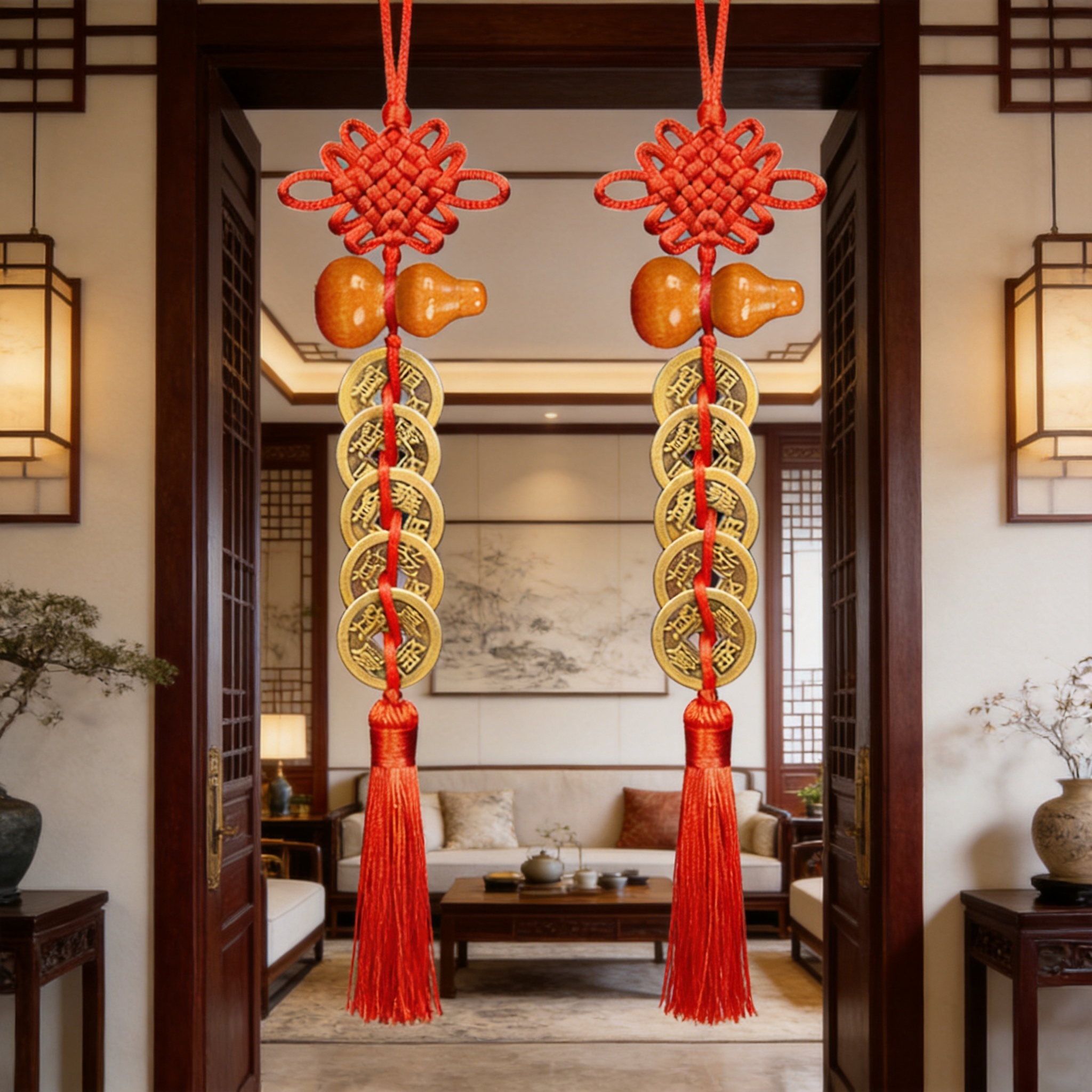 中国风木质桃木葫芦五帝铜钱手工挂饰，传统工艺红绳中国结流苏，悬… - 图片创意预览