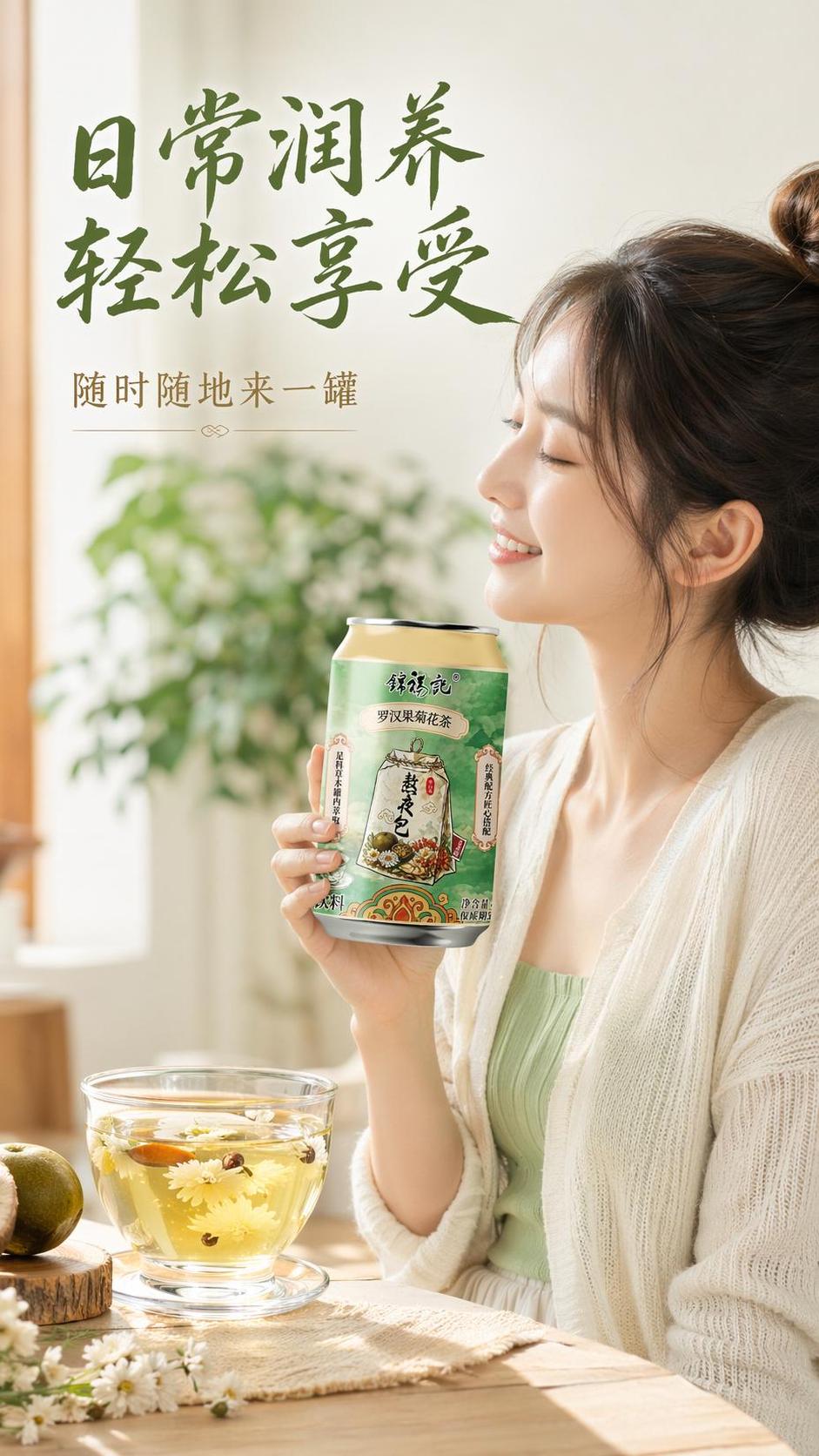 [第5屏] 模特展示屏，年轻女性半身展示饮用罗汉果菊花茶。本屏… - 图片创意预览
