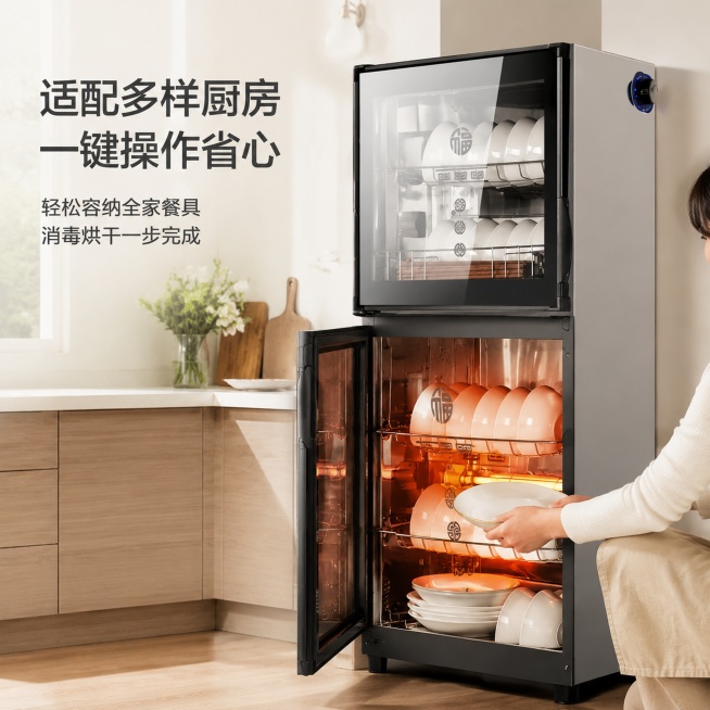 「图片1」，生成一套主图（5张），商品名称是佳华好太太，卖点是大容量，双层玻璃，臭氧+中控烘干+红外线消毒，操作方便，适配京东平台，主图比例为1:1预览效果