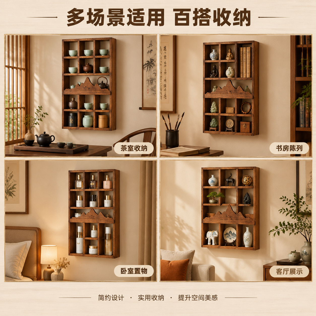 [主图-4] 实木展示架多场景适用图，展示不同使用场景和收纳用… - 图片创意预览
