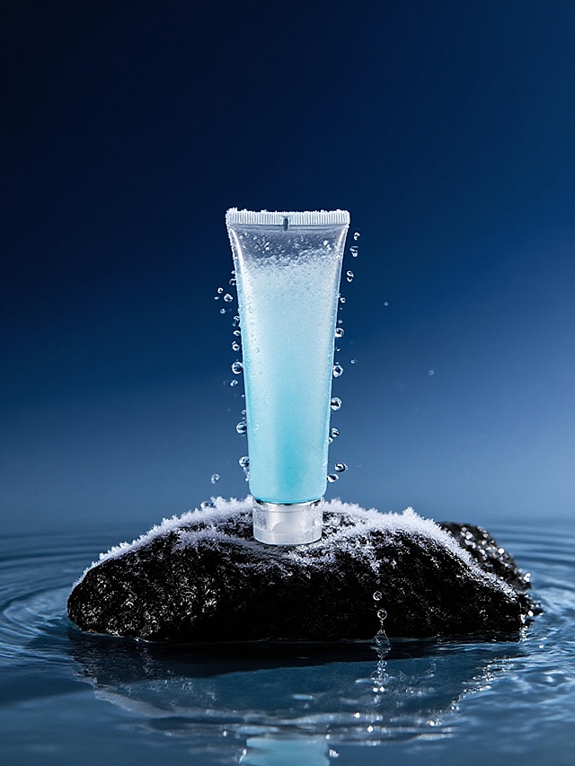 商业摄影。去掉产品标签和顶部黄色亮光，主体置于黑色岩石（带有薄霜的质地）上，背景为深蓝色渐变，周围有飞溅的水珠，营造出冷冽、高级的氛围，高级的光影效果。