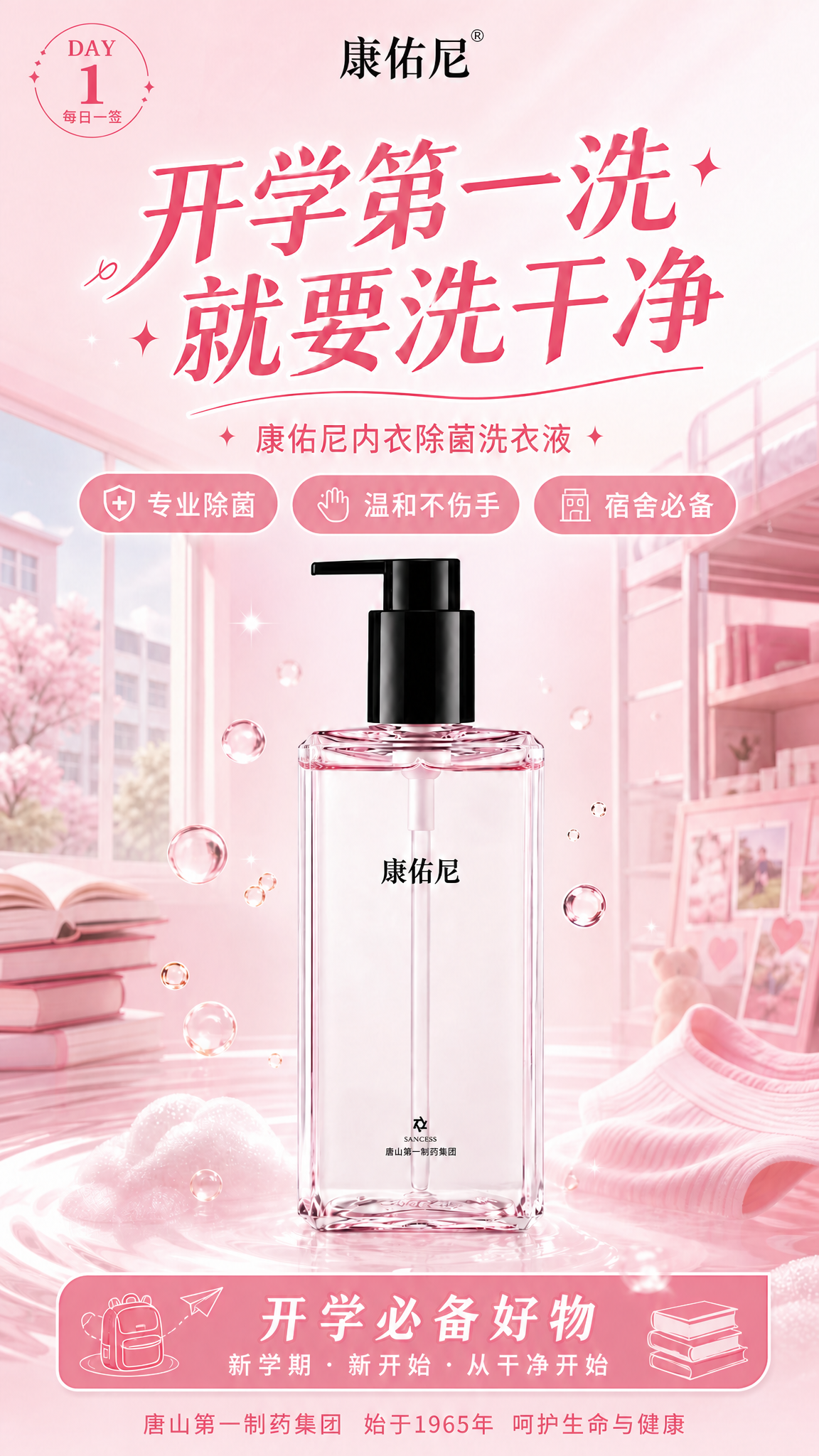 在这张开学季康佑尼洗衣液海报底部，添加一行品牌背书文字："唐山… - 图片创意预览