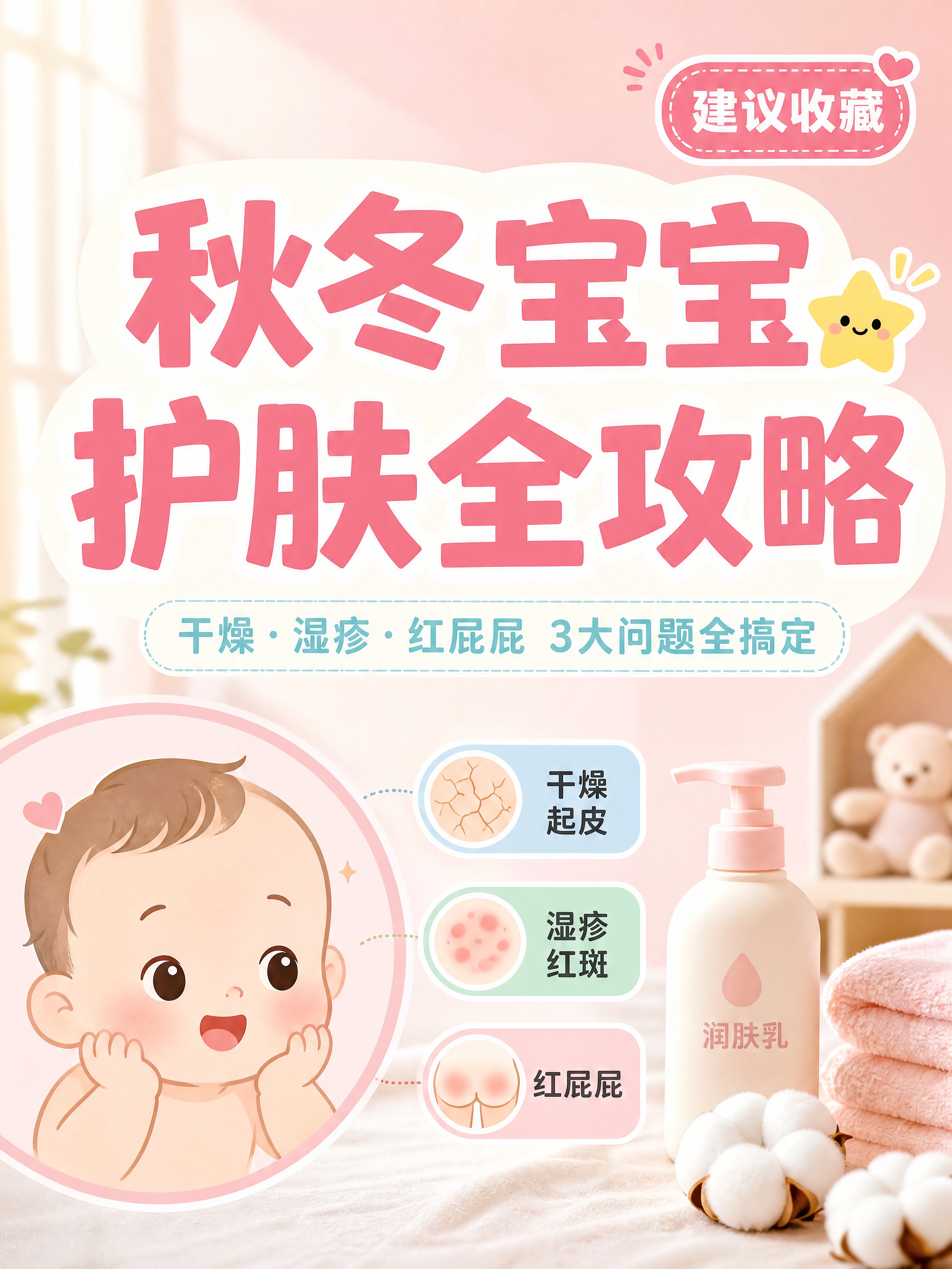 小红书笔记大字封面，插图大字，ins清新温馨婴儿护肤风，版式精… - 图片创意预览