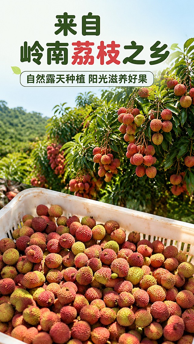 [第2屏] 产地优势展示屏-岭南荔枝果园直采。
[氛围/风格] 自然田园风，新鲜阳光果园，真实自然的种植场景氛围。
[元素布局] 上半部分展示荔枝园挂果实景，翠绿的荔枝树挂满红荔枝，果实清晰可见；下半部分使用【图1】展示采摘好的荔枝果堆，荔枝颜色形状保持原图一致；核心产地文字占比约30%，大而醒目。
[光影质感] 户外自然光，整体明亮温暖，突出新鲜采摘的活力感。
[配色色系] 全局底色 #F0F8E8，主色为果林绿色，辅助色荔枝红、浅木色。
[视角构图] 上田地下产品构图，视觉从上到下自然浏览。
[文字版式] 标题「来自岭南荔枝之乡」，副标题「自然露天种植 阳光滋养好果」，圆角黑体，标题在上，说明文字在下，信息清晰，不遮挡主体景物。
[比例分辨率] 9:16 竖版比例，4K分辨率，文字清晰可辨，高清画质。
[负向提示词] 荔枝变形，颜色偏差，文字错乱，水印，虚假场景。