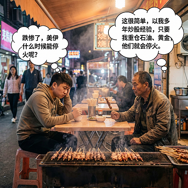 1:1比例2K分辨率财经梗图，烧烤摊场景，新股民一脸愁容，文字泡写“跌惨了，美伊什么时候能停火呢？”，老股民表情郑重，文字泡写“这很简单，以我多年炒股经验，只要我重仓石油、黄金，他们就会停火。”，风格幽默接地气