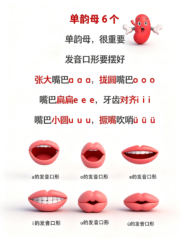 保留原图像所有文字和发音口形示意图，生成清晰的单韵母教学图