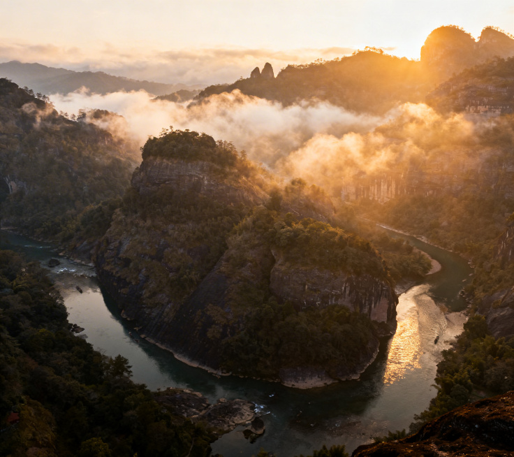 武夷山天游峰全景图，山势俊秀，云雾缭绕，俯瞰山下九曲溪，风光壮丽预览效果