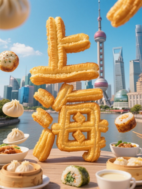 文字“上海”由金黄酥脆的油条组成，字体饱满立体，周围点缀生煎包、小笼包、粢饭团、豆浆等上海特色美食，背景是东方明珠电视塔及周边建筑群，整体画面色彩鲜明，充满城市烟火气与现代感预览效果
