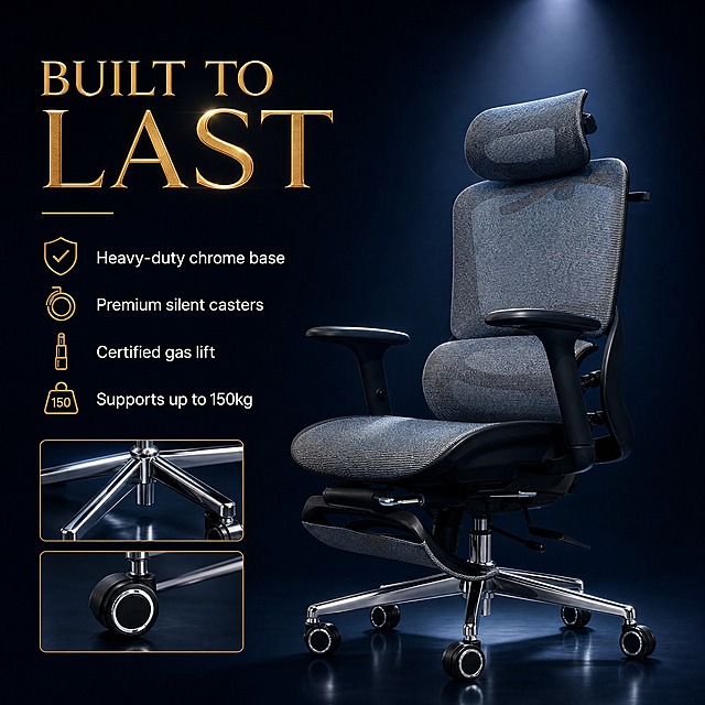 Premium office chair durability and quality introduction image, 1:1 square ratio, premium luxury style, dark navy blue background, the ergonomic office chair from the reference image in dramatic spotlight lighting, English main title "BUILT TO LAST" in gold accent font, supporting text: "Heavy-duty chrome base\nPremium silent casters\nCertified gas lift\nSupports up to 150kg", close-up detail insets of the chrome base and wheels, high-end product presentation, cinematic lighting, luxury commercial aesthetic