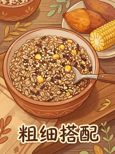 一碗杂粮饭的特写画面，可以看到糙米、燕麦米、藜麦、玉米粒等多种食材混合，旁边放着红薯和玉米，画面中清晰标注"粗细搭配"四个字，暖色调，扁平插画风格预览效果