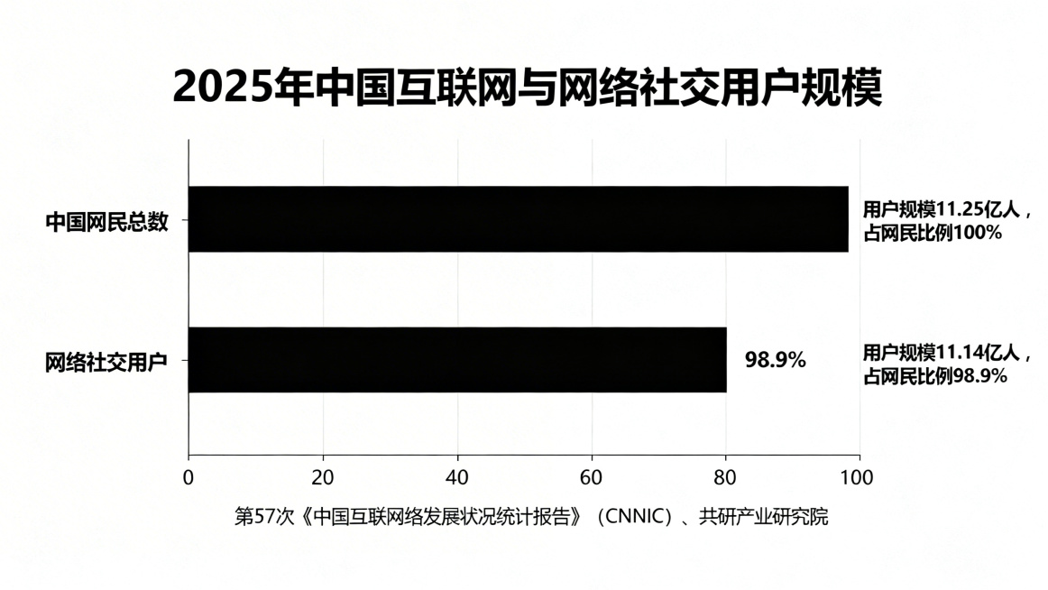 生成一张简易横向条形图，标题为：2025年中国互联网与网络社交用户规模，数据来源标注：第57次《中国互联网络发展状况统计报告》（CNNIC）、共研产业研究院。包含两个数据项：1. 中国网民总数，用户规预览效果