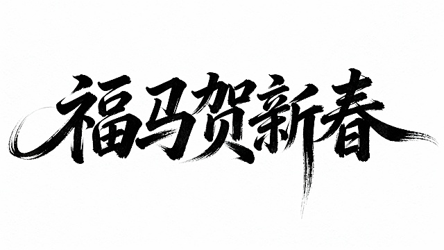 参考图中黑色字体的字形，生成文字“福马贺新春”，白色背景。字形可以再飘逸个性一些，增加一些拖尾
