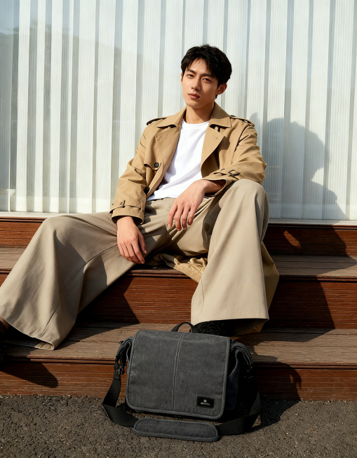 简约风户外城市商业人像摄影，电商背包产品广告场景，日韩清新画报风格，自然日常的松弛感穿搭氛围。年轻亚裔男生，卡其色风衣+白色内搭T恤+阔腿裤，韩系通勤休闲穿搭。男生斜坐水泥台阶上，主体单肩包放置在人物预览效果