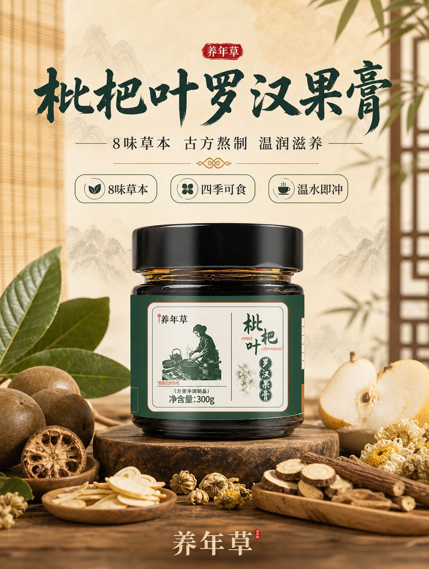 [商品] 使用【图1】养年草枇杷叶罗汉果膏玻璃瓶产品；保留黑色… - 图片创意预览