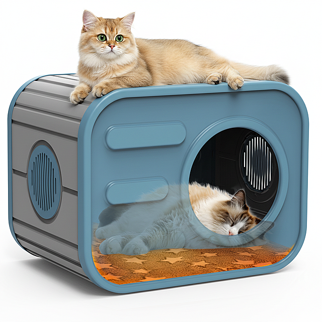 在参考图1基础上生成猫窝顶部慵懒趴着一只圆眼金渐层长毛猫（好奇表情），露出好奇表情，猫咪头部朝向在左，画面干净通透，色调柔和温暖，质感像高清商品展示图，背景纯白无杂物。高清，4k