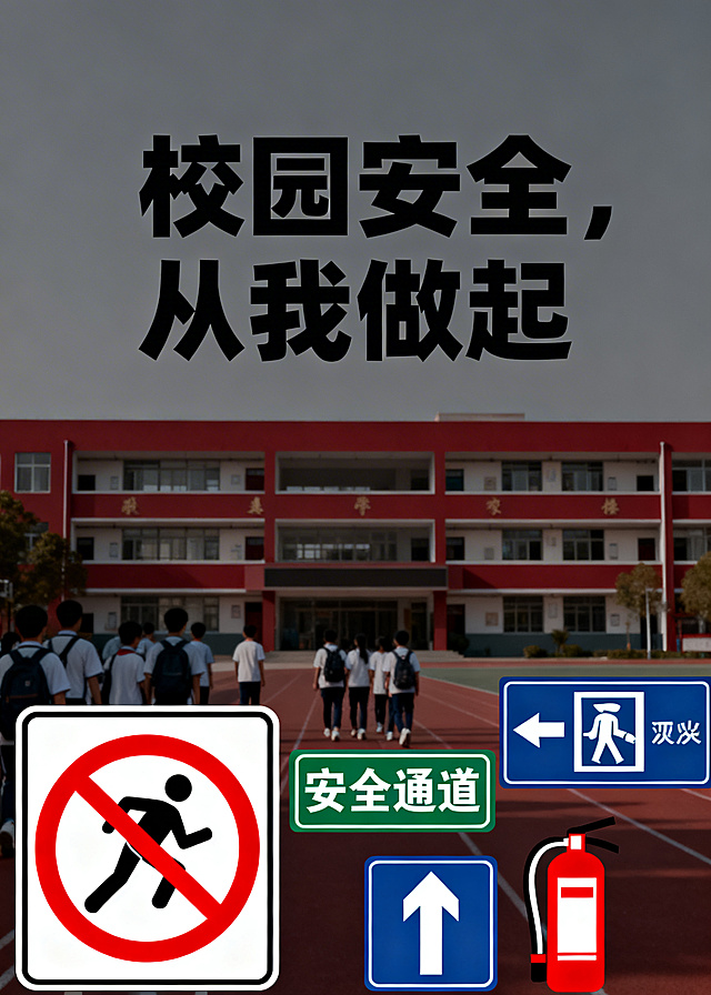 教育行业校园安全主题宣传海报，包含教学楼背景、学生安全标识、醒目标题文字"校园安全，从我做起"，整体风格庄重警示，色彩沉稳，构图大气，突出安全教育主题