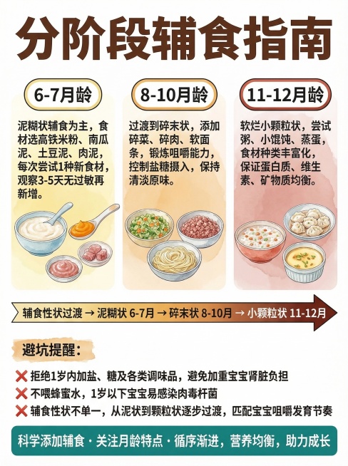 模仿第一张参考图的排版风格，生成一张宝宝辅食指南科普图片。整体风格为水彩手绘科普风，分三栏排版，文字清晰。
顶部大标题："分阶段辅食指南"，棕色大字，和参考图标题排版一致。
分为三个竖栏，每栏一个月龄预览效果