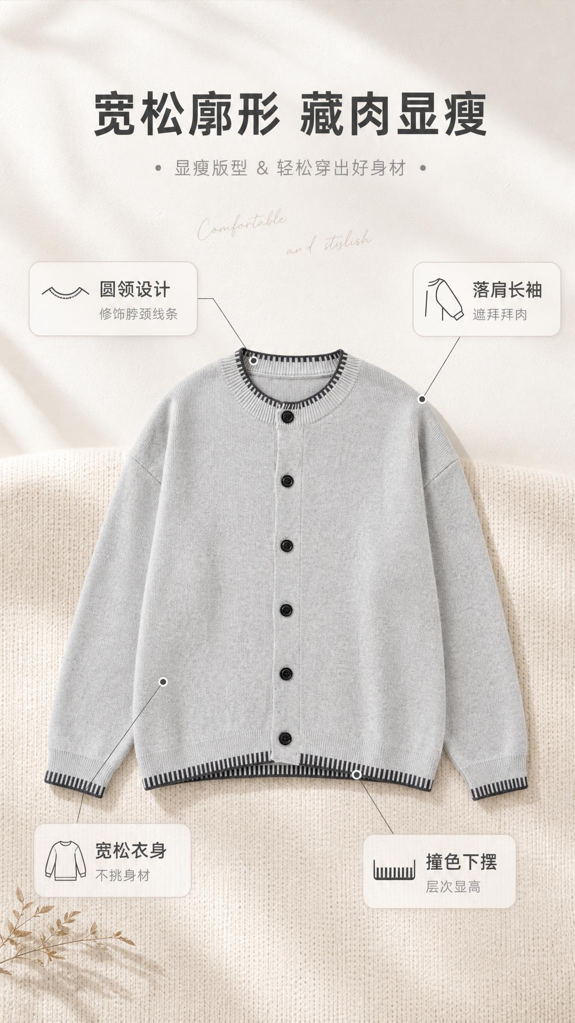 [商品] 使用【图1】浅灰色圆领针织开衫；商品处理：保留圆领、… - 图片创意预览