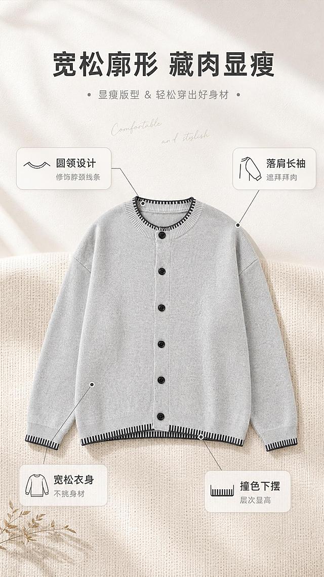 [商品] 使用【图1】浅灰色圆领针织开衫；商品处理：保留圆领、单排黑色纽扣、贝壳绣撞色领边/下摆/袖口、落肩长袖、宽松廓形、浅灰色针织面料和整体版型；自然去除衣身杂乱褶皱，理顺垂坠，增强针织纹理、缝线和纽扣质感，不改变版型、颜色和结构。
[画面] 目标：版型解析页，展示宽松廓形与显瘦穿搭利益。构图：中间为开衫正面平铺全貌，四周用引线标注关键版型部位；产品占画面60%，位于画面中心；阅读动线从中心向四周扩散；前景为浅米色针织垫，中景为开衫平铺，后景为米白色肌理墙面与柔和投影。
[视觉] 套系策略：风格=韩系轻熟通勤高级商业摄影；标题字=现代简约无衬线粗体；正文字=纤细无衬线体；主色=浅灰米杏；背景延展=基于浅灰与米杏做深浅层级、同色渐变和细腻织物/纸张质感；强调色=深炭灰，仅用于小面积图标、引线和标签；标题色=深炭灰；正文色=中暖灰；组件=圆角浅底信息卡、细线引线、手写英文装饰；光影=正上方暖柔光，均匀柔和投影。
[文字] 顶部主标题"宽松廓形 藏肉显瘦"，从开衫引出4条引线标注：圆领设计（修饰脖颈线条）、落肩长袖（遮拜拜肉）、宽松衣身（不挑身材）、撞色下摆（层次显高）；文字不遮挡开衫主体。
[规格] 图片比例9:16竖版，4K，避免变形、错字、文字过小、冷蓝背景、衣服颜色改变、版型失真、极限词。