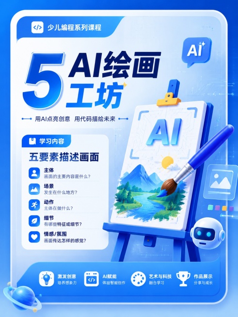 少儿编程课程卡片，主题是"5 AI绘画工坊"，学习内容为"五要素描述画面"，现代简约科技风格，蓝色调，圆角卡片设计，画面包含画笔画板AI元素，文字排版清晰，主标题突出，适合用于课程宣传，版式精美预览效果