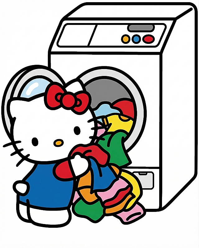 保留Hello Kitty的整体形象、线条风格和配色，将手上原本的物品换成衣服，把衣服往更大一些的滚筒洗衣机里塞，保持卡通简约的描边风格不变，增大滚筒洗衣机的尺寸