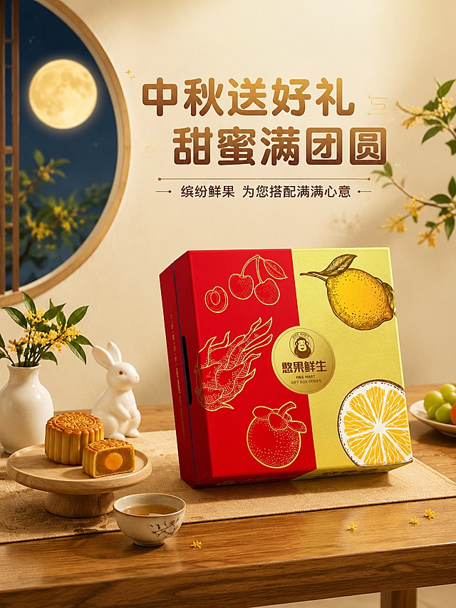 「图片1」礼盒内配：南非进口橙2个            约500克
陕西大荔冬枣1盒            约500克
突尼斯软籽石榴2个        约600克
陕西徐香猕猴桃4个        约400克
攀枝花树熟芒果1个        约600克
莱阳精品秋月梨2个        约600克
南非进口西柚1个            约400克
越南红心火龙果1个        约400克
福建红心蜜柚1个            约1100克
制作一个礼盒的详情页，礼盒名称：缤纷鲜果，要有中秋的节日氛围，并介绍每种水果的特色，整体清新，不要过于花里胡哨