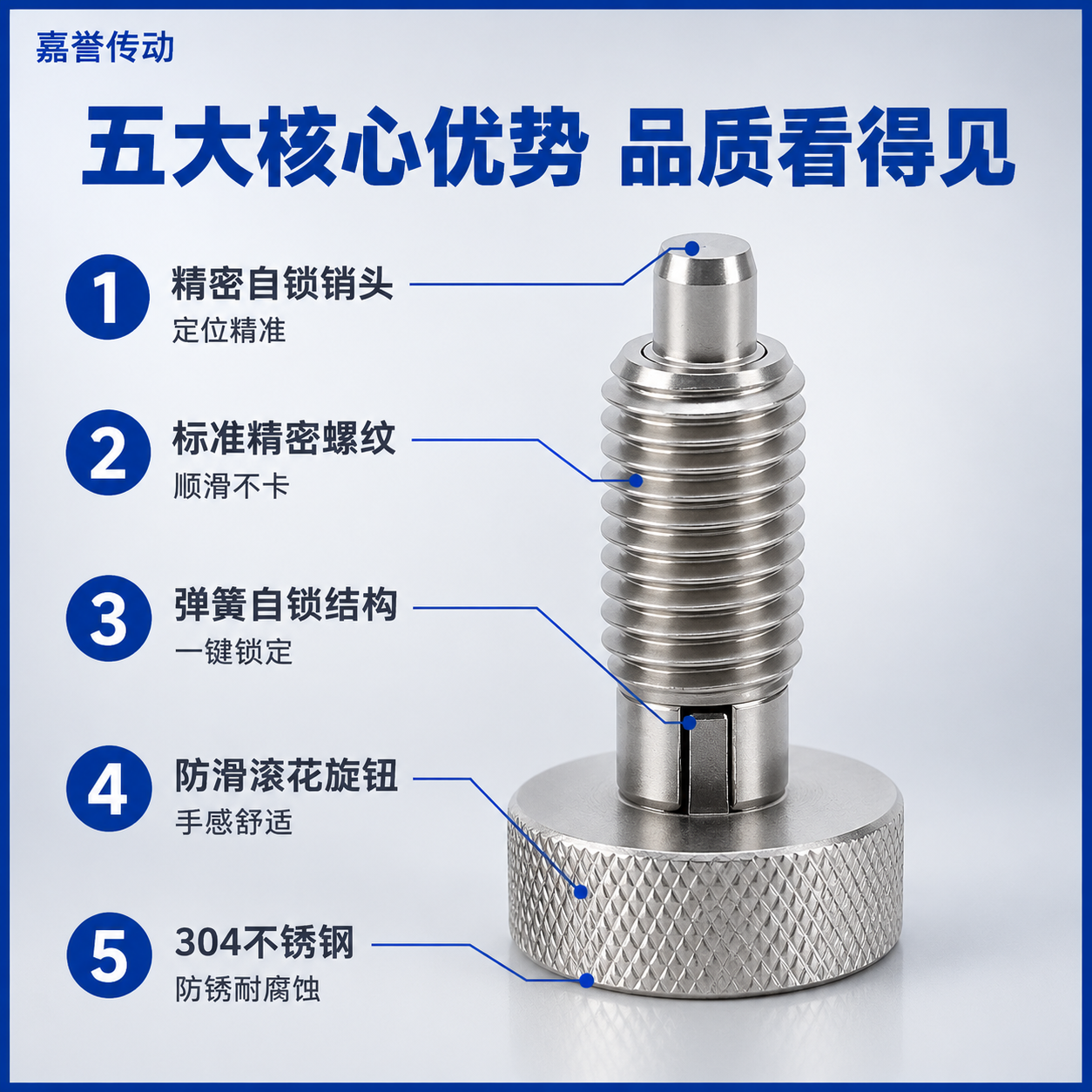 [主图-2] 产品亮点卖点图，展示不锈钢自锁型分度销的五大核心… - 图片创意预览