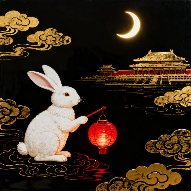 中国漆艺风格，纯黑色背景，点缀金色祥云图案，一只洁白的玉兔手持传统红灯笼，远处背景是古典宫殿建筑，空中有一轮发光的弯月，整体风格雅致又带有神秘氛围，质感厚重，传统工艺韵味预览效果