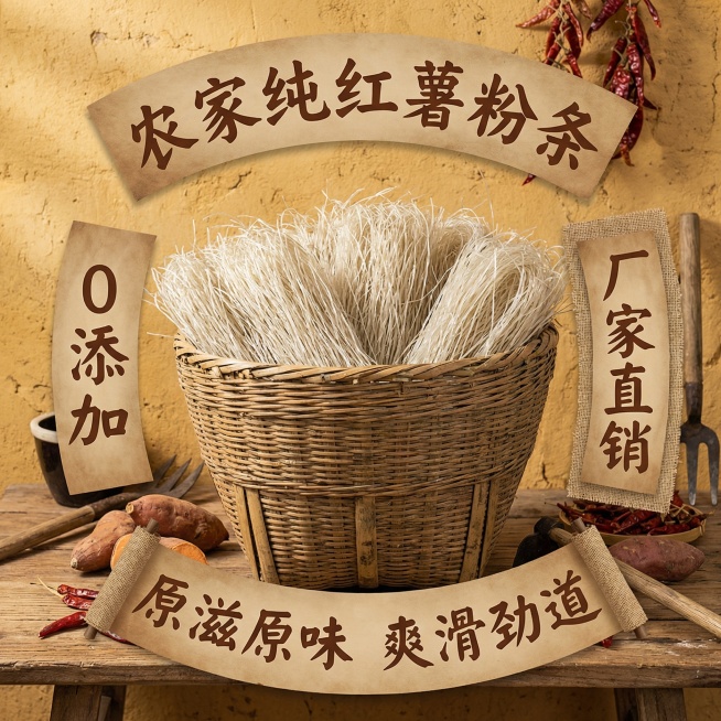 生成五种不同的商品主图尺寸长宽都是800像素的，主图内同包含：农家纯红薯粉条，0添加，厂家直销，原滋原味 爽滑劲道预览效果