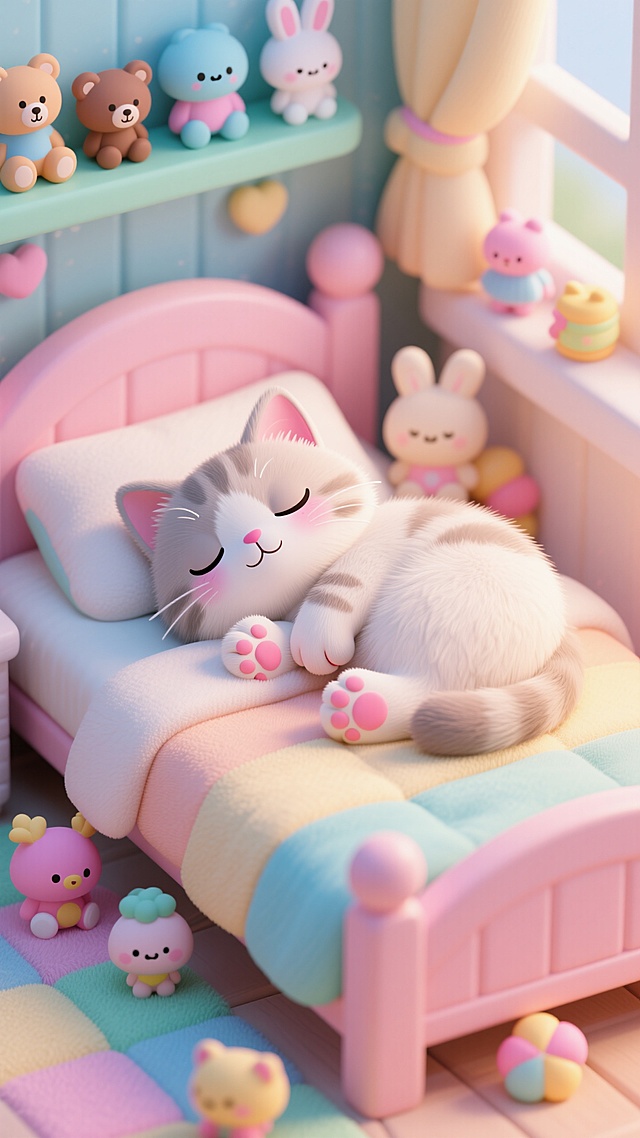 床上有一只小猫咪在睡觉，旁边有一些小玩偶