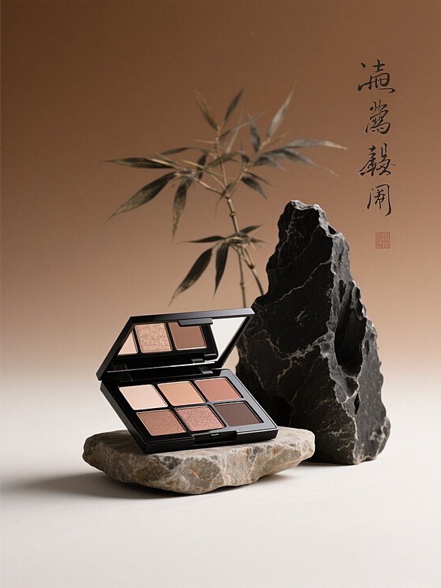 新中式美学风格，特写眼影盘，搭配黑色假山石、石质底座，融入水墨竹枝、书法文字元素，背景暖棕色